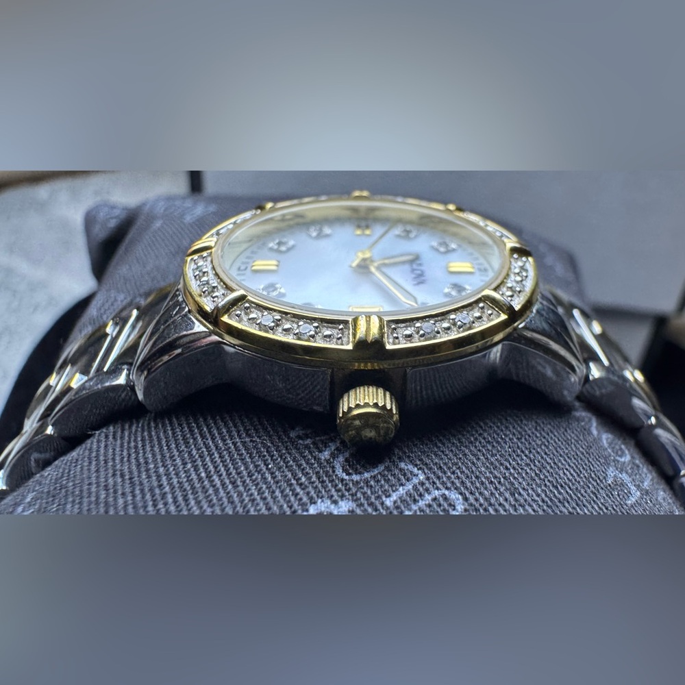 Bulova Two-Tone Stainless Mother of Pearl, Diamond Bezel Date Indicator Watch - Picture 13 of 15